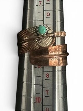 Vintage Copper Feather Ring with Turquoise Stone Size 8-9